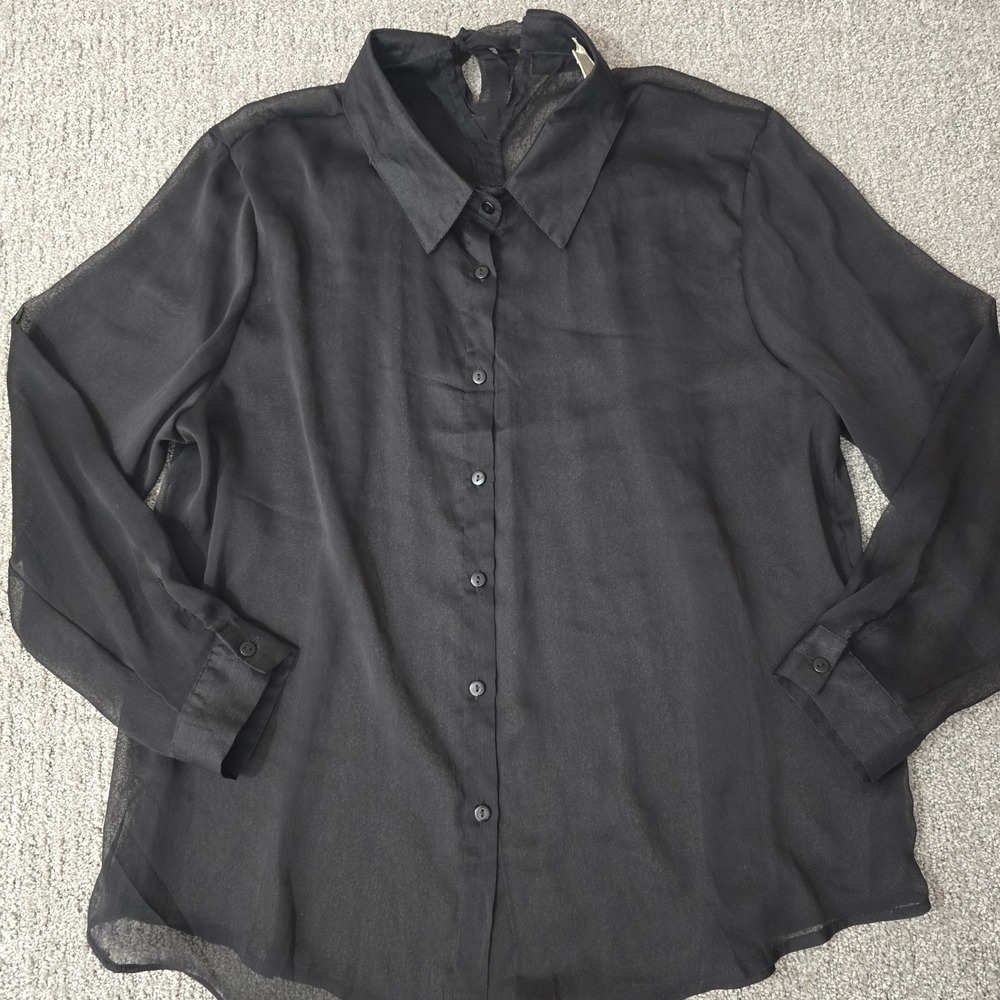 Passport Sheer Black Button Up Blouse 2X‎ Tie Neck Goth Minimalist
